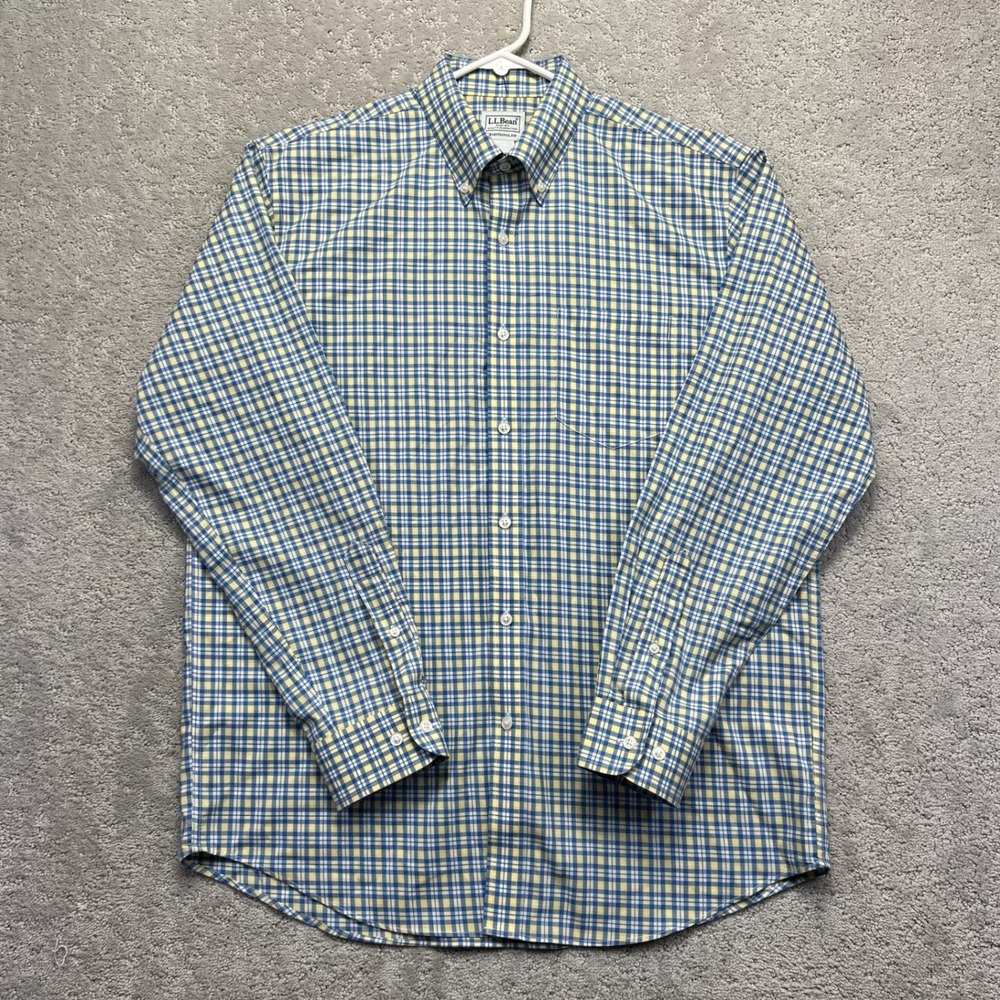 LL Bean Shirt Mens Medium Regular Blue Yellow Plaid Traditional Fit Button Down